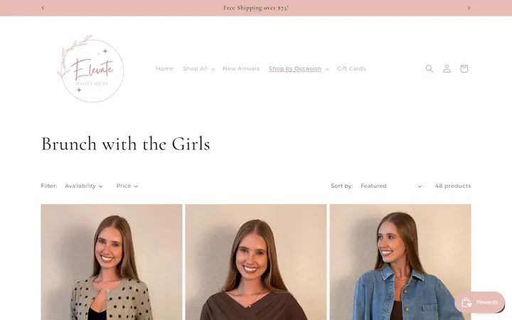 Website page titled Brunch with the Girls – Elevate Boutique