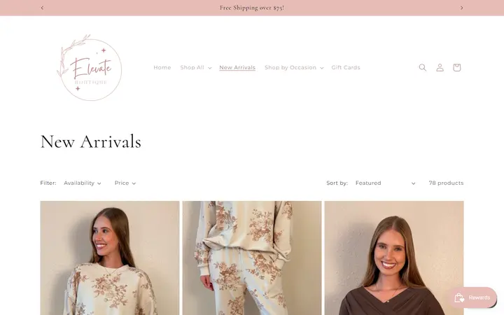 Website page titled New Arrivals – Elevate Boutique
