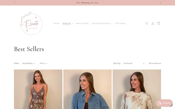 Website page titled Best Sellers – Elevate Boutique