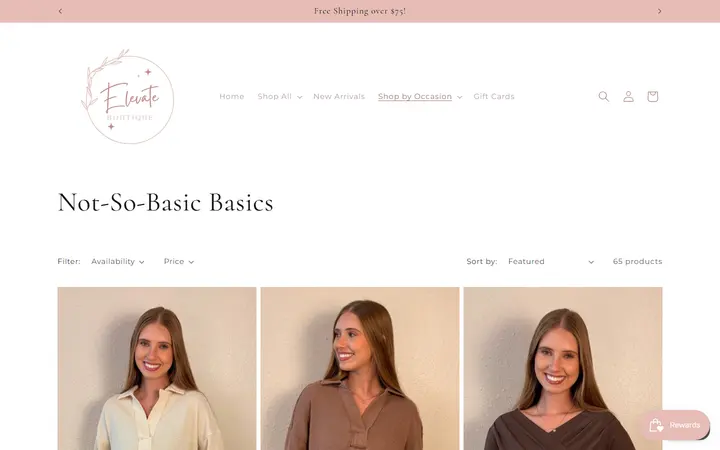 Website page titled Not-So-Basic Basics – Elevate Boutique