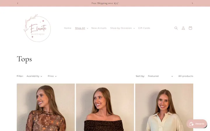 Website page titled Tops – Elevate Boutique