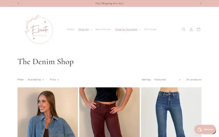 Website page titled The Denim Shop – Elevate Boutique