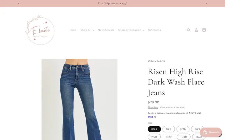 Website page titled Risen High Rise Dark Wash Flare Jeans – Elevate Boutique