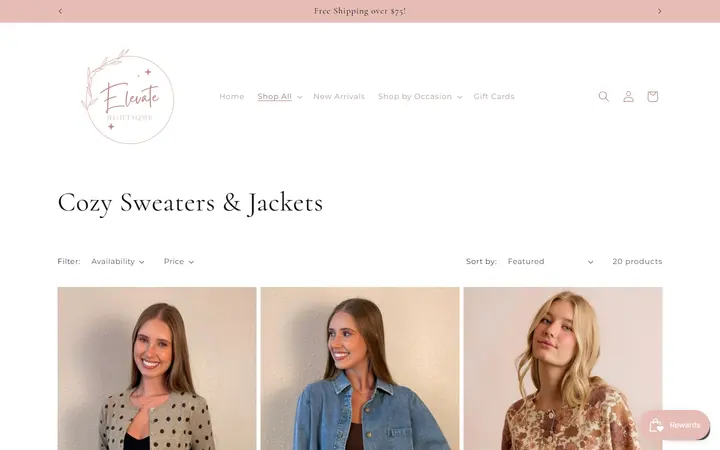 Website page titled Cozy Sweaters & Jackets – Elevate Boutique