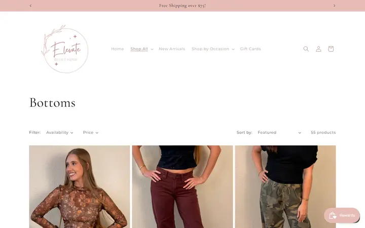 Website page titled Bottoms – Elevate Boutique