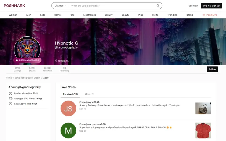 Website page titled About @hypnoticgrizzly - Poshmark