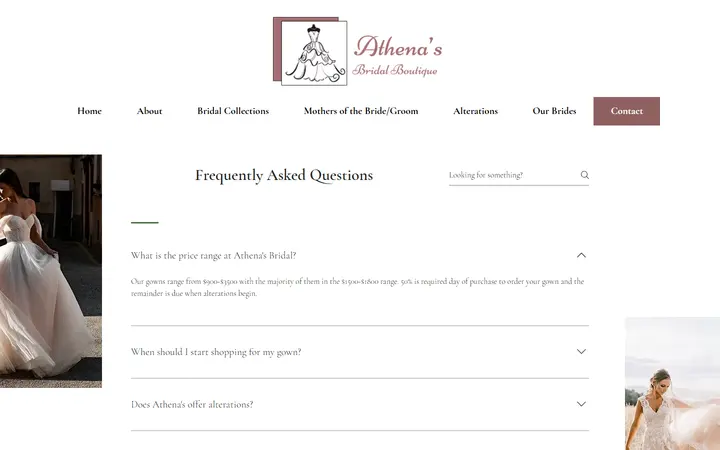 Website page titled Contact | Athena's Bridal