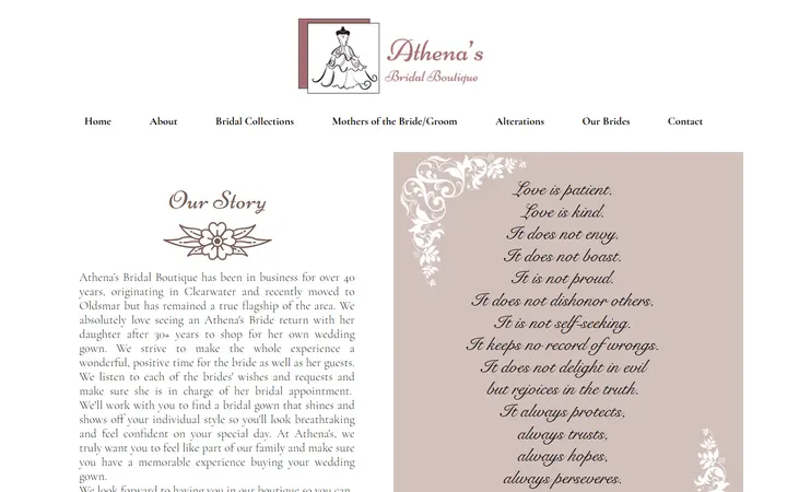Website page titled About | Athena's Bridal