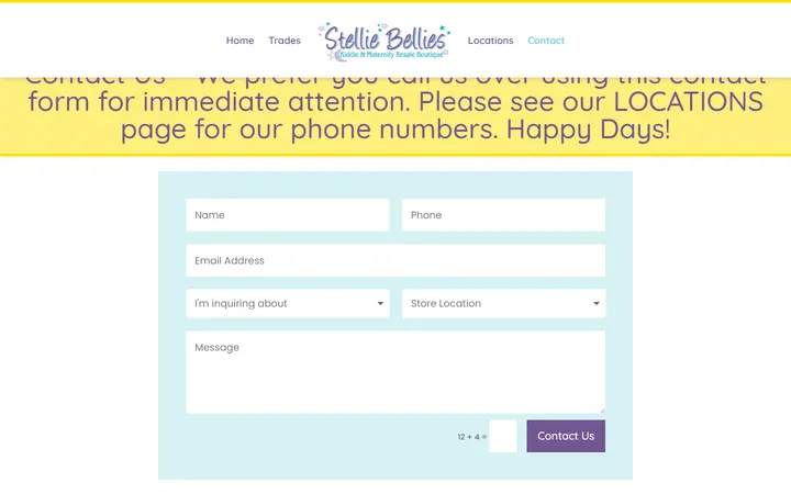 Website page titled Contact - Stellie Bellies