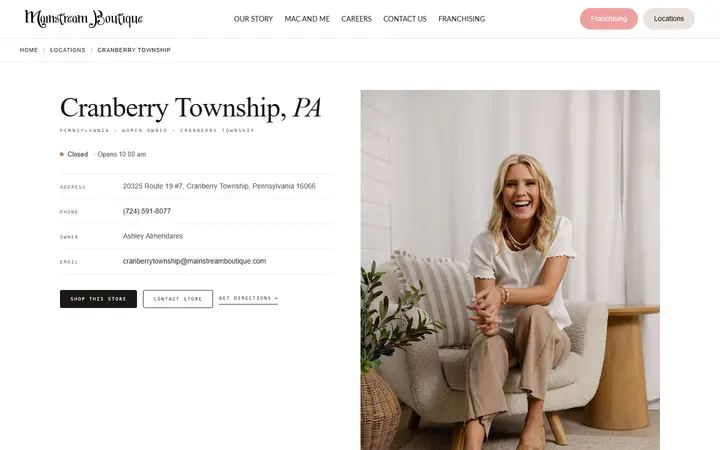 Website page titled Cranberry Township | Pennsylvania | Mainstream Boutique