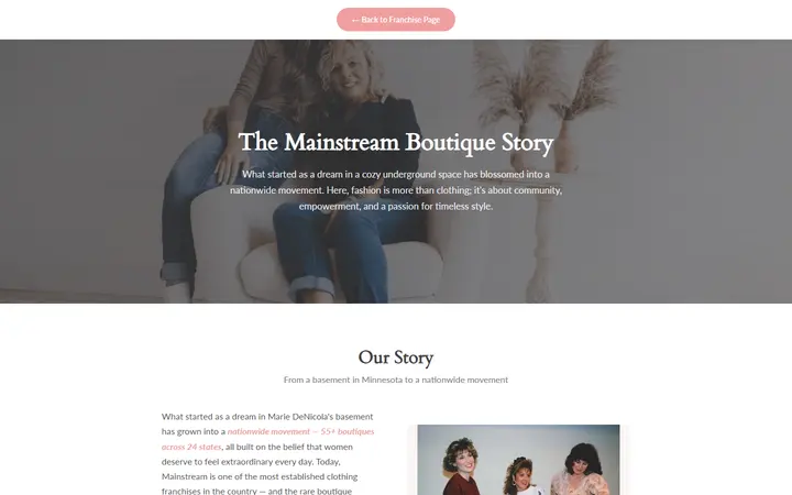 Website page titled Mainstream Boutique Story: 35 Years, 55+ Stores, Oprah-Featured