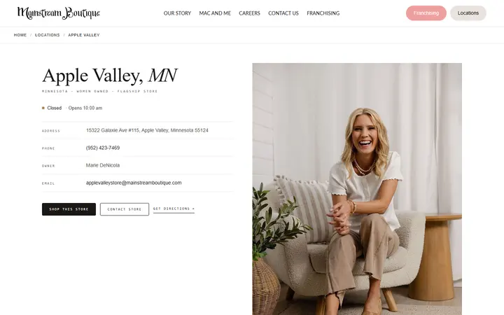 Website page titled Apple Valley | Minnesota | Mainstream Boutique