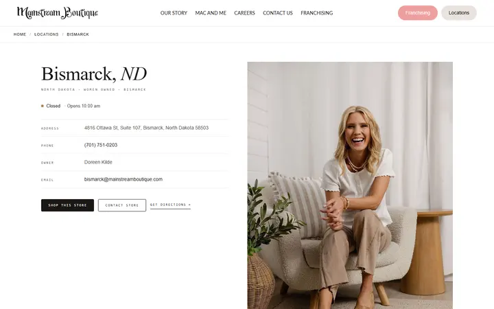 Website page titled Bismarck | North Dakota | Mainstream Boutique