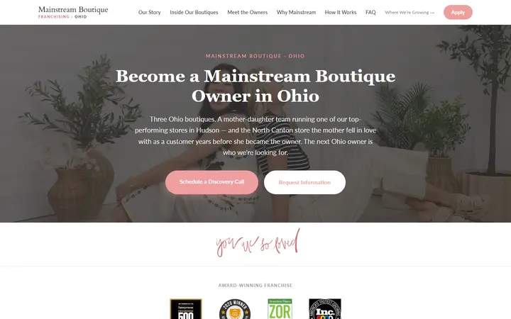 Website page titled Franchise Opportunities in Ohio | Mainstream Boutique