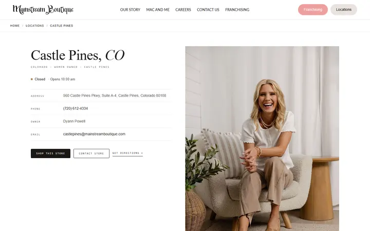 Website page titled Castle Pines | Colorado | Mainstream Boutique