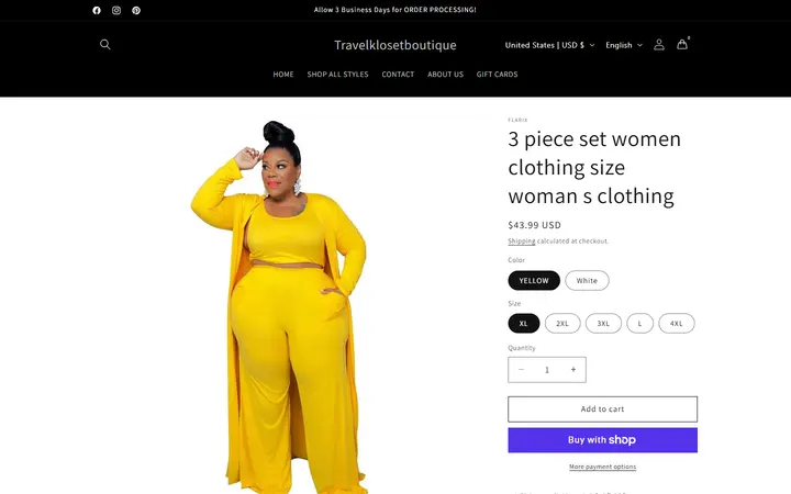 Website page titled 3 piece set women clothing size woman s clothing – Travelklosetboutique