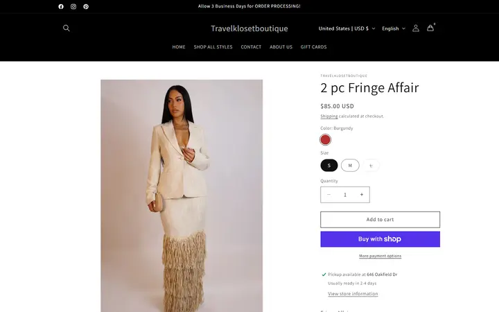 Website page titled 2 pc Fringe Affair – Travelklosetboutique