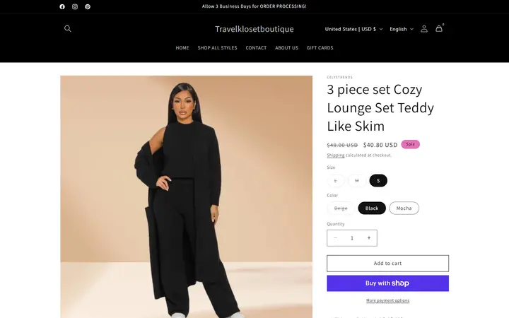 Website page titled 3 piece set Cozy Lounge Set Teddy Like Skim – Travelklosetboutique