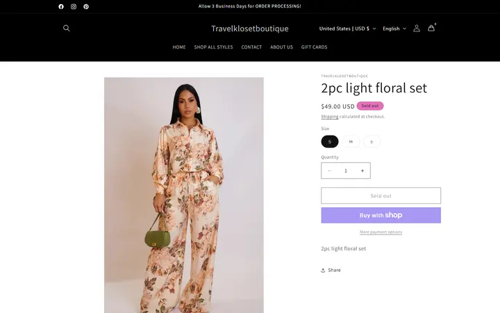 Website page titled 2pc light floral set – Travelklosetboutique