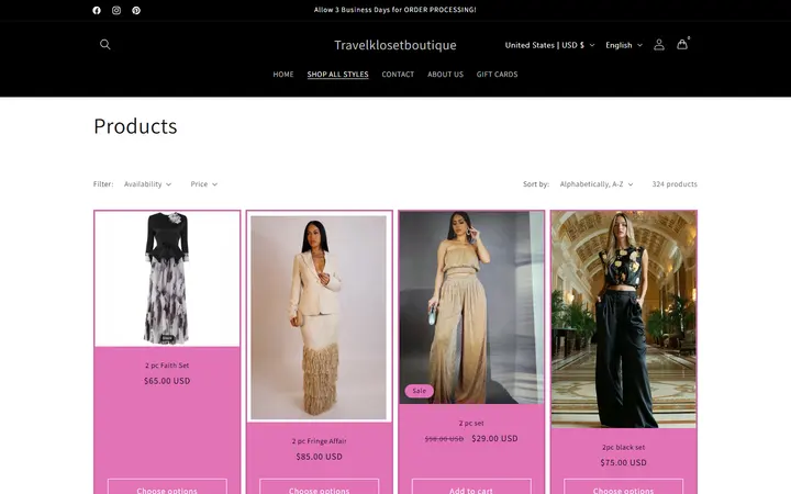 Website page titled Products – Travelklosetboutique