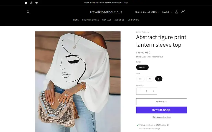 Website page titled Abstract figure print lantern sleeve top – Travelklosetboutique