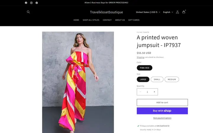 Website page titled A printed woven jumpsuit - IP7937 – Travelklosetboutique