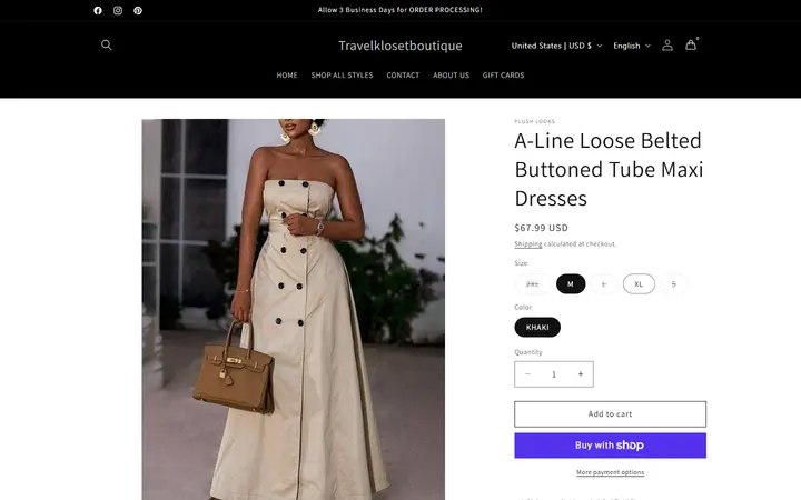 Website page titled A-Line Loose Belted Buttoned Tube Maxi Dresses – Travelklosetboutique
