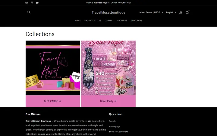 Website page titled Collections – Travelklosetboutique