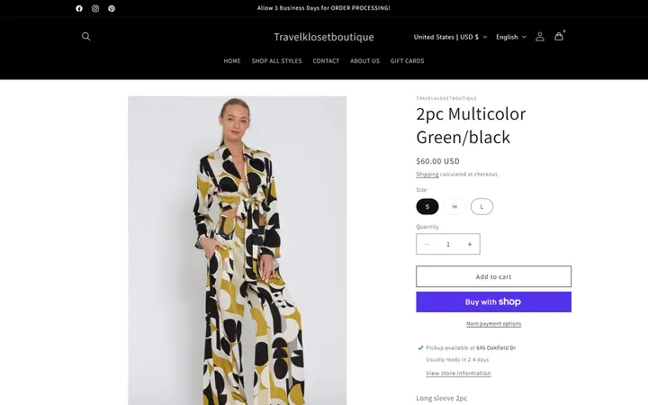 Website page titled 2pc Multicolor Green/black – Travelklosetboutique