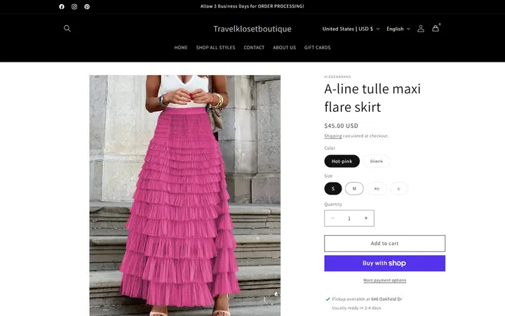 Website page titled A-line tulle maxi flare skirt – Travelklosetboutique