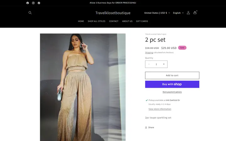 Website page titled 2 pc set – Travelklosetboutique