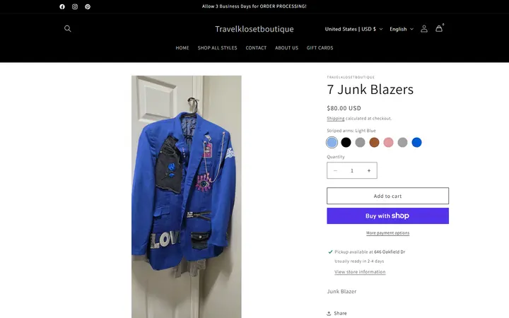 Website page titled 7 Junk Blazers – Travelklosetboutique