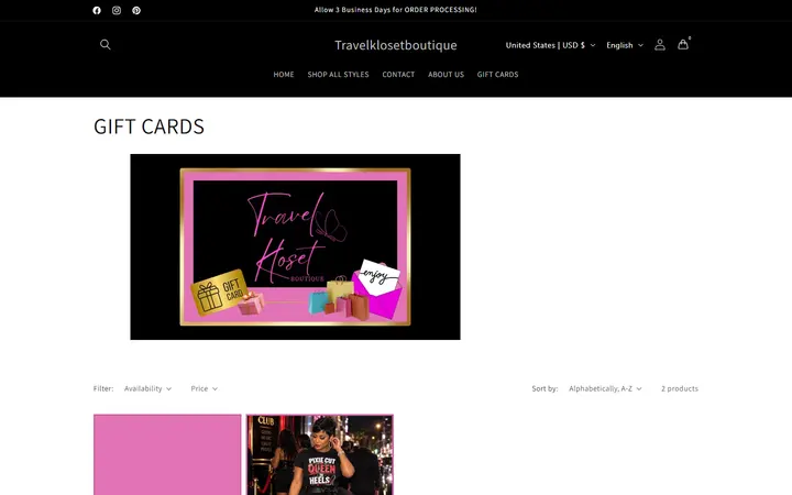 Website page titled GIFT CARDS – Travelklosetboutique