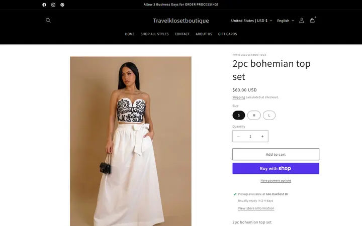 Website page titled 2pc bohemian top set – Travelklosetboutique