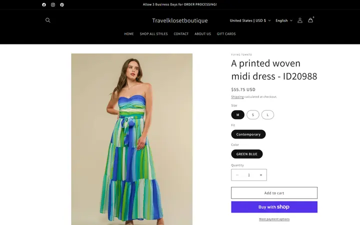 Website page titled A printed woven midi dress - ID20988 – Travelklosetboutique