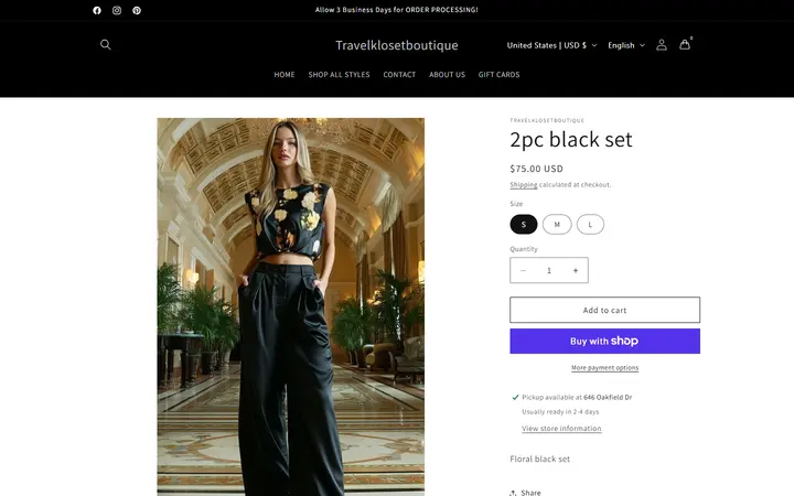Website page titled 2pc black set – Travelklosetboutique