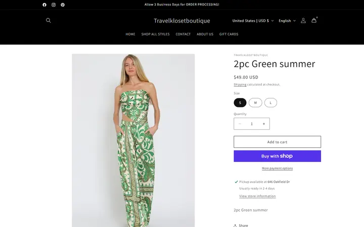 Website page titled 2pc Green summer – Travelklosetboutique