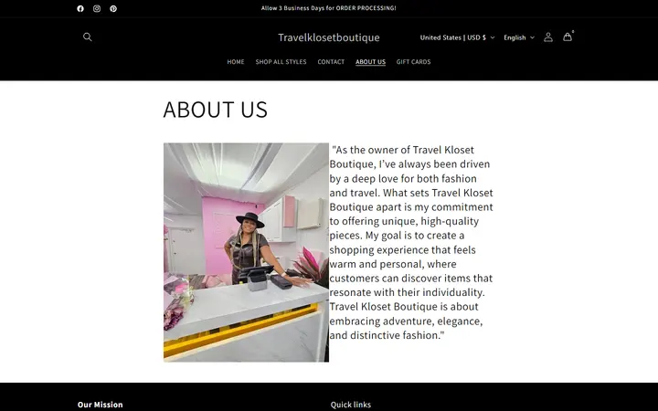 Website page titled ABOUT US – Travelklosetboutique