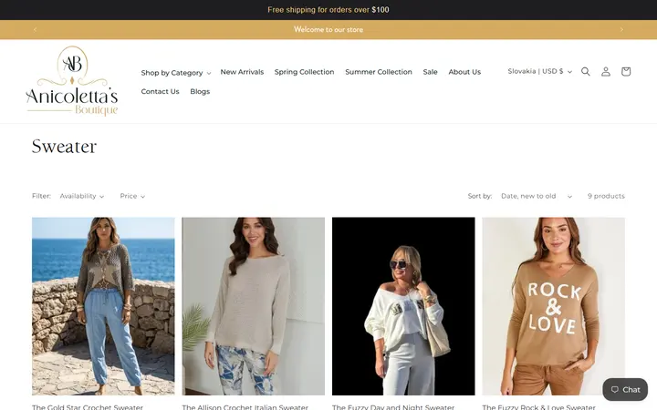 Website page titled Sweater – Anicoletta's Boutique