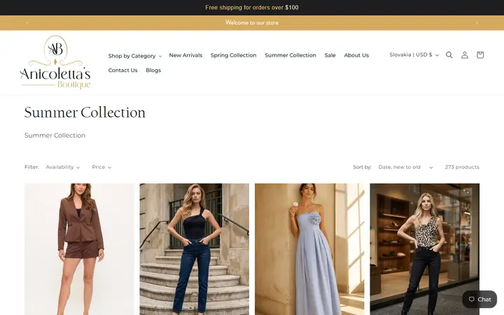 Website page titled Summer Collection – Anicoletta's Boutique