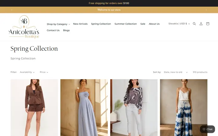 Website page titled Spring Collection – Anicoletta's Boutique