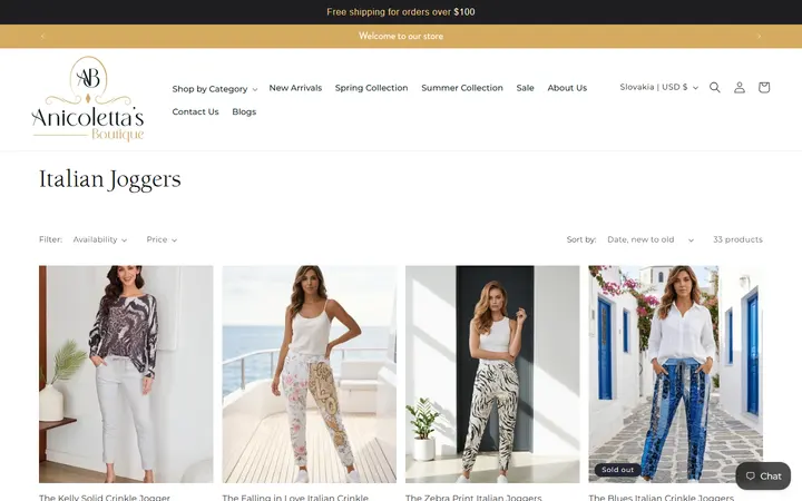 Website page titled Italian Joggers – Anicoletta's Boutique