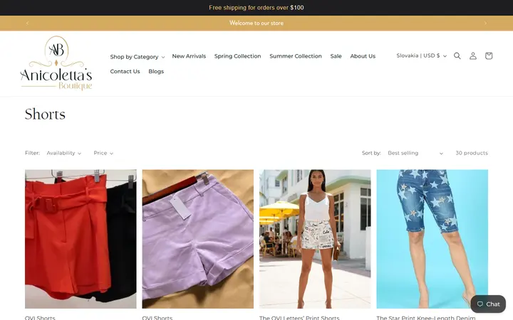 Website page titled Shorts – Anicoletta's Boutique