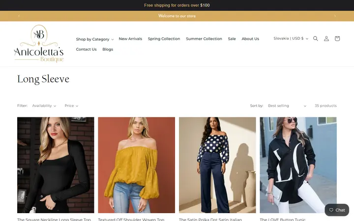 Website page titled Long Sleeve – Anicoletta's Boutique