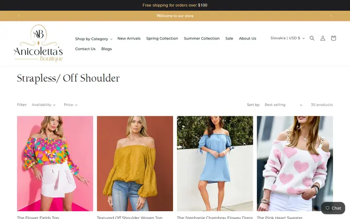 Website page titled Strapless/ Off Shoulder – Anicoletta's Boutique