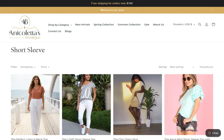 Website page titled Short Sleeve – Anicoletta's Boutique