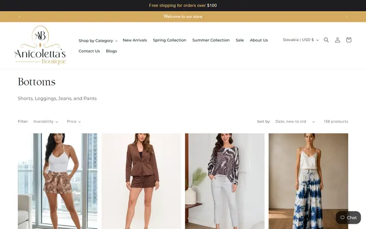 Website page titled Buy Bottoms Online - Anicoletta's Boutique