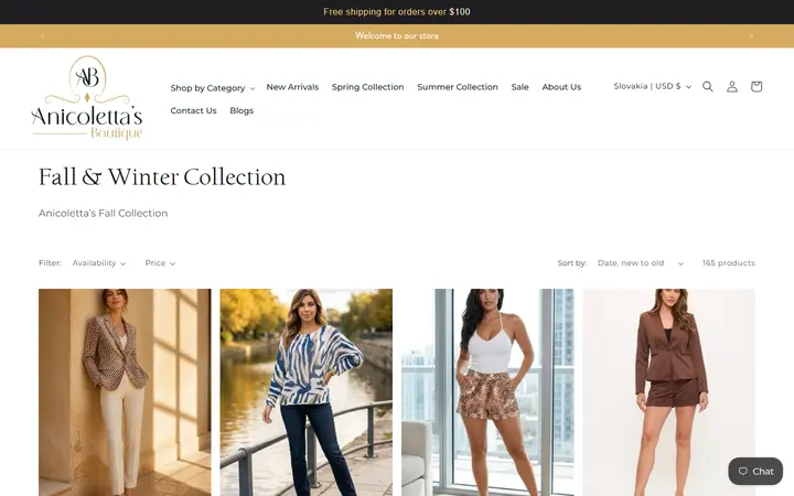 Website page titled Fall & Winter Collection – Anicoletta's Boutique