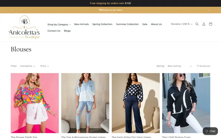 Website page titled Blouses – Anicoletta's Boutique