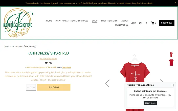 Website page titled FAITH DRESS/ SHORT RED — Nubian Treasures Boutique